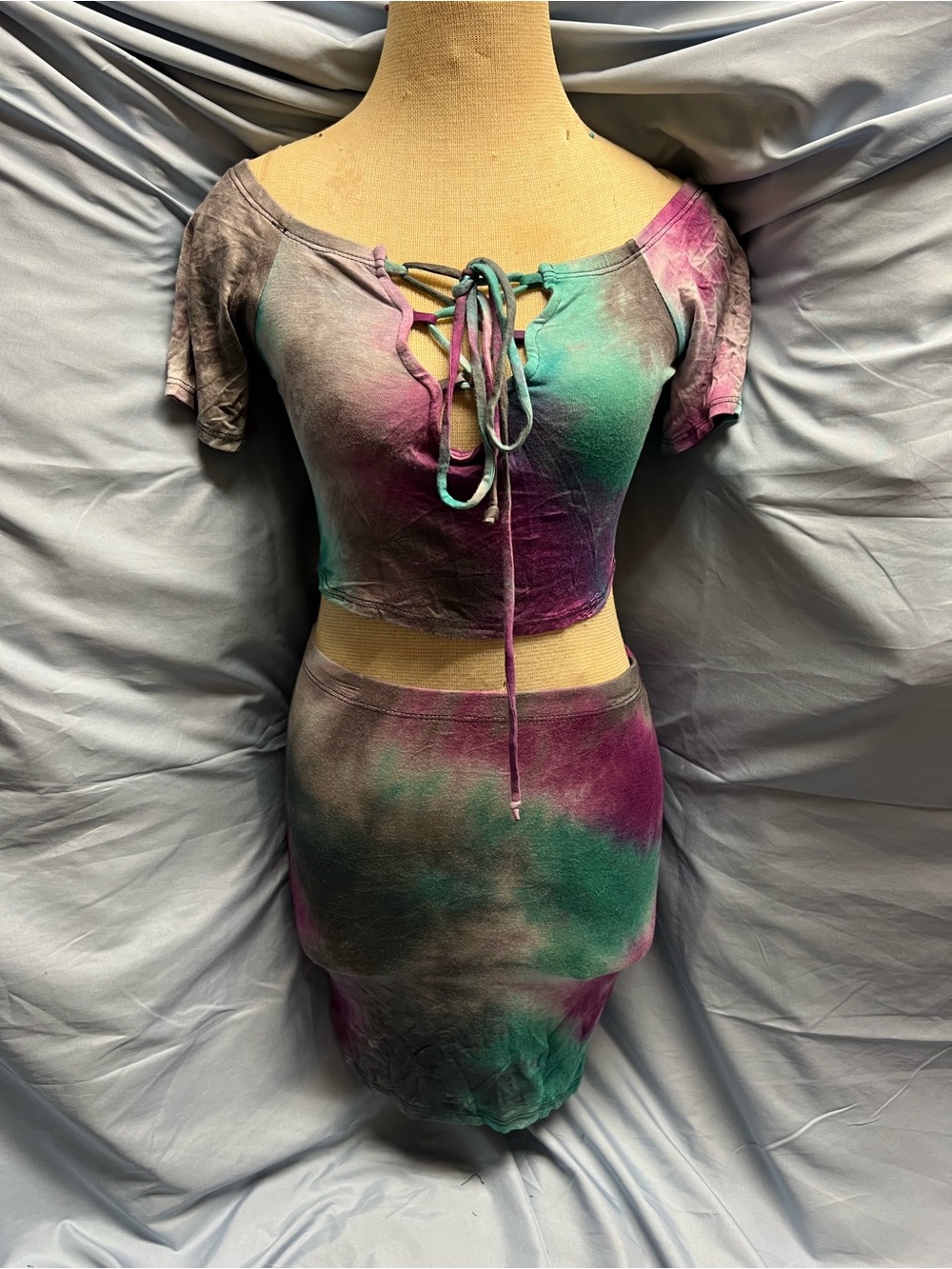 Tie-Dye Lace-Up Crop Top & Skirt Set - Green, Purple, Grey.